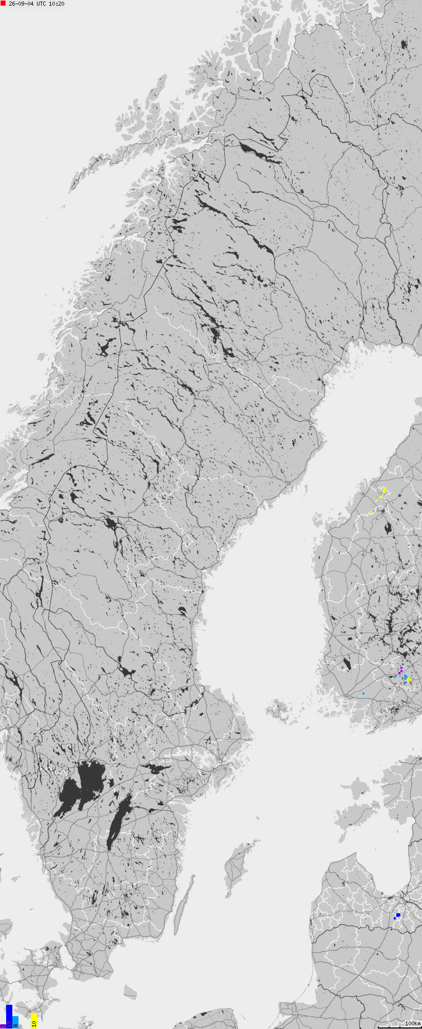 Mapa wyładowań atmosferycznych na obszarze Szwecji