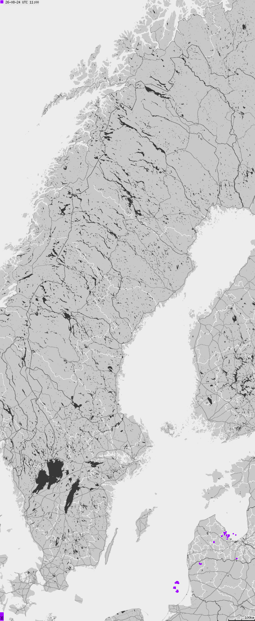 Mapa wyładowań atmosferycznych na obszarze Szwecji