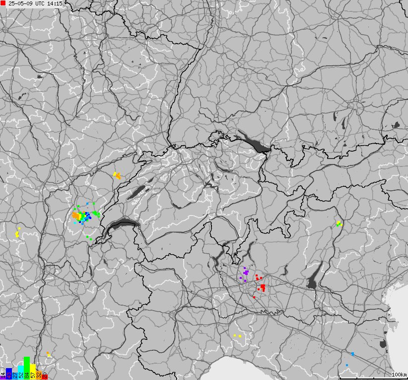 Map of lightnings across Switzerland and Liechtenstein