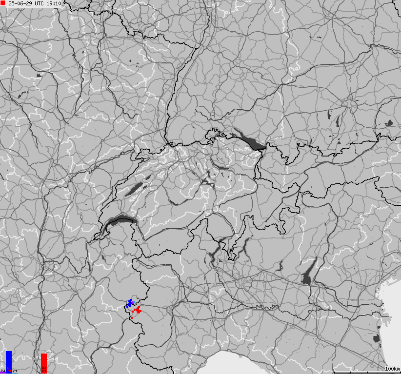 Mapa wyładowań atmosferycznych na obszarze Szwajcarii i Liechtensteinu
