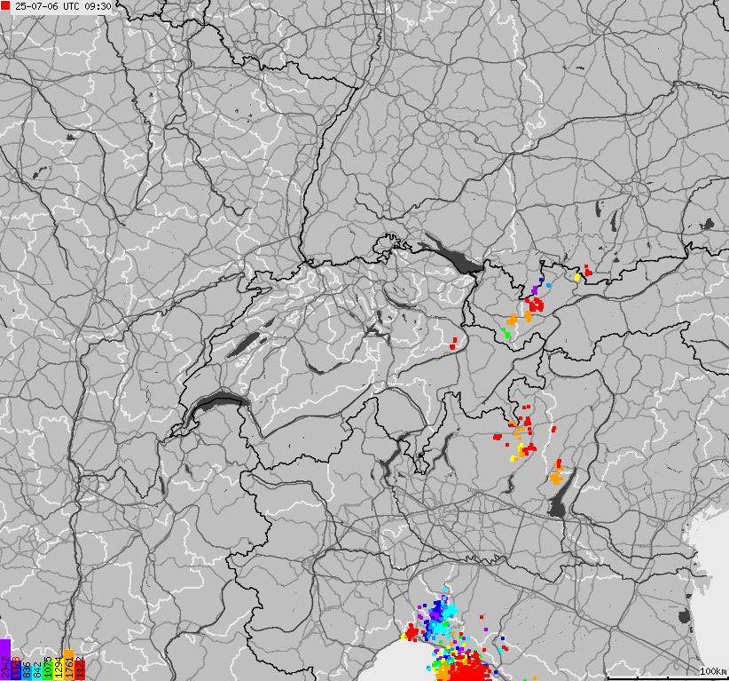 Mapa wyładowań atmosferycznych na obszarze Szwajcarii i Liechtensteinu