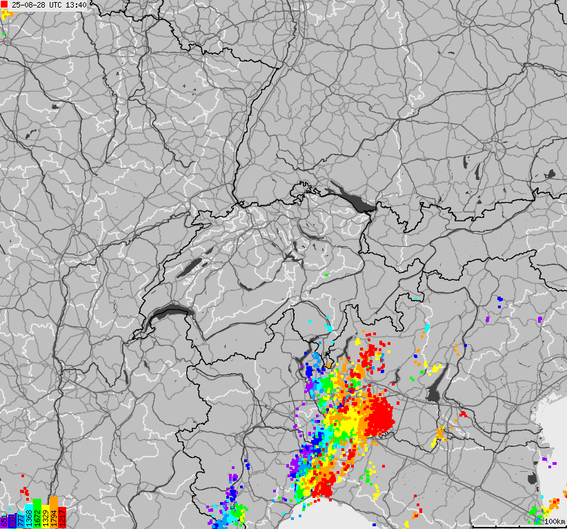 Map of lightnings across Switzerland and Liechtenstein