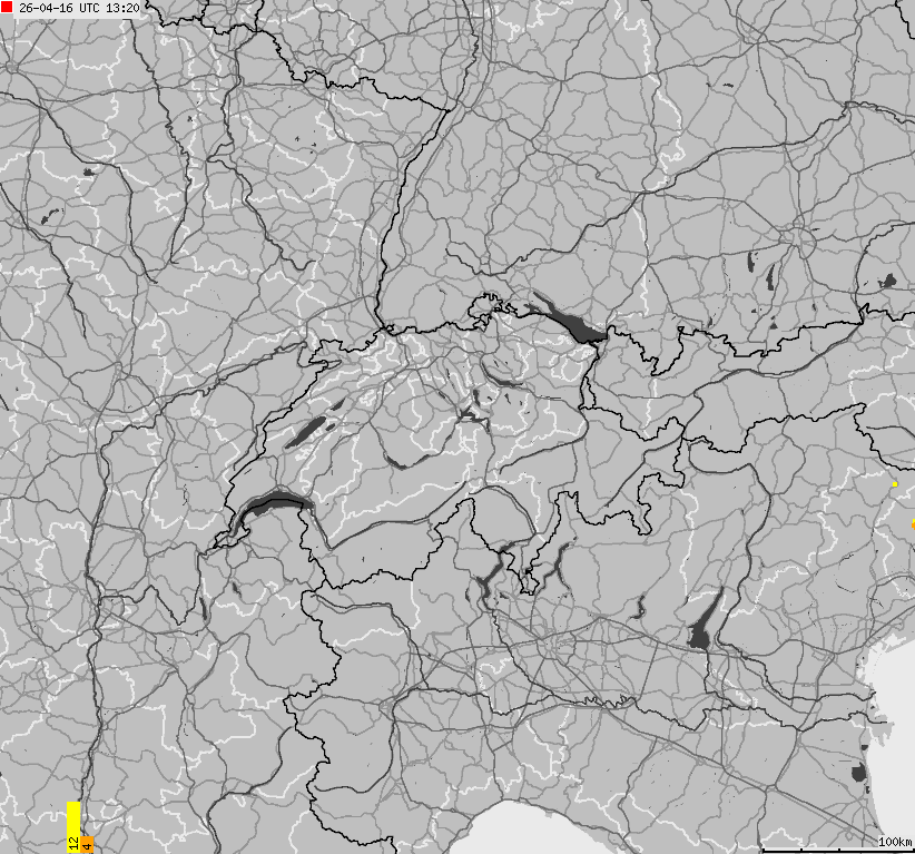 Mapa wyładowań atmosferycznych na obszarze Szwajcarii i Liechtensteinu