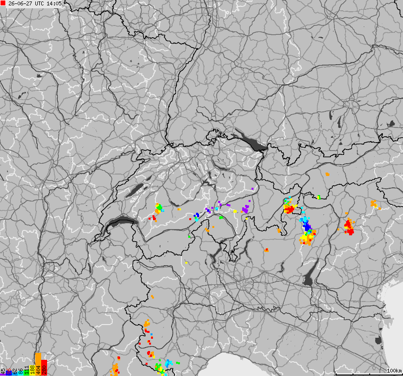 Map of lightnings across Switzerland and Liechtenstein
