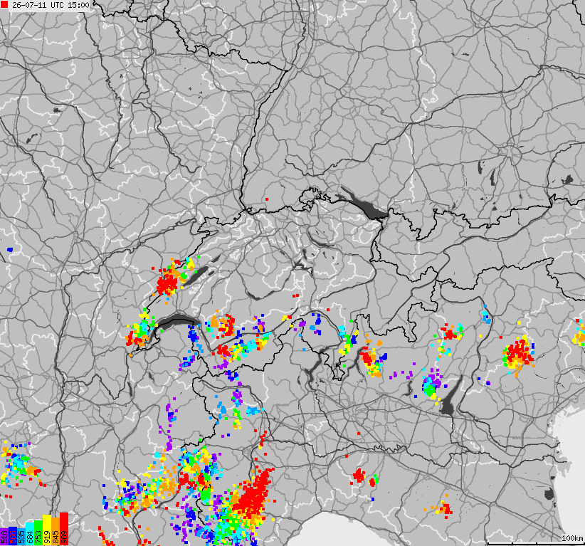 Map of lightnings across Switzerland and Liechtenstein