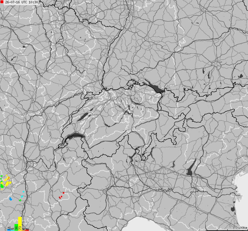 Mapa wyładowań atmosferycznych na obszarze Szwajcarii i Liechtensteinu