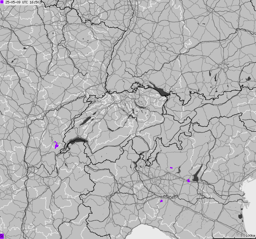 Map of lightnings across Switzerland and Liechtenstein