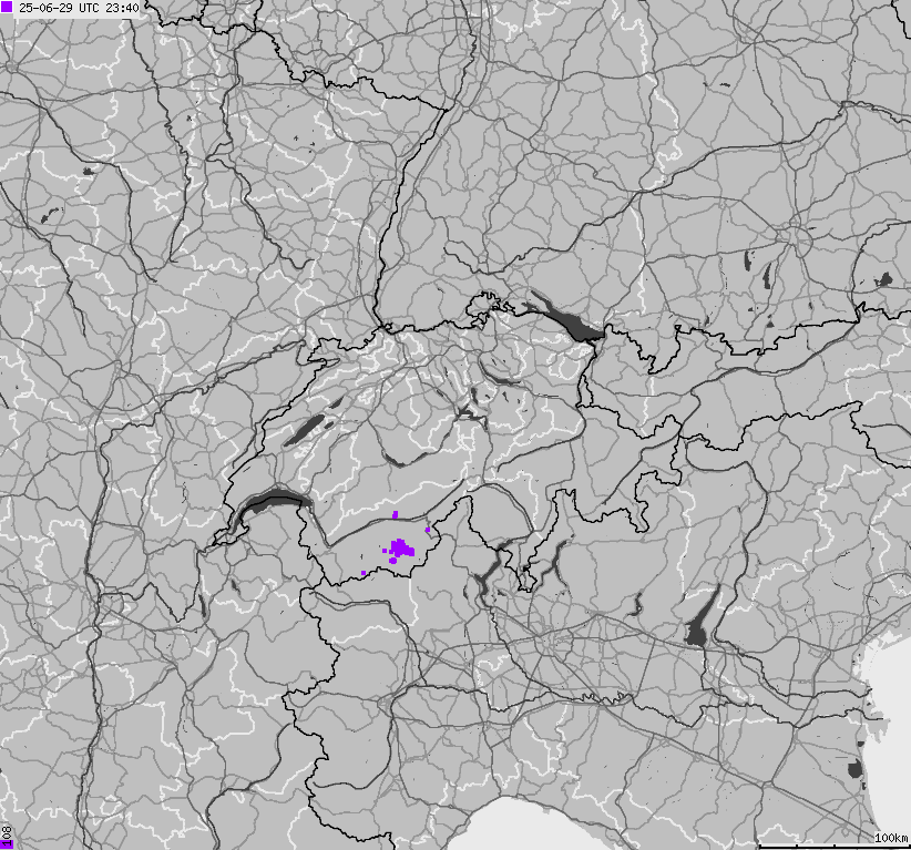 Mapa wyładowań atmosferycznych na obszarze Szwajcarii i Liechtensteinu