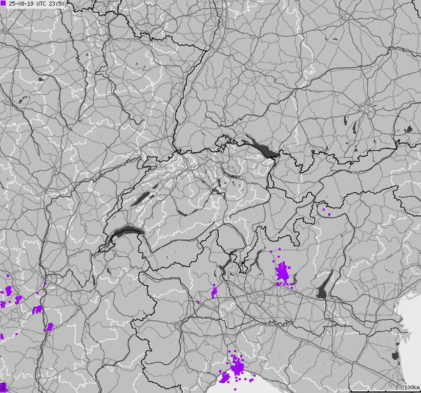 Mapa wyładowań atmosferycznych na obszarze Szwajcarii i Liechtensteinu