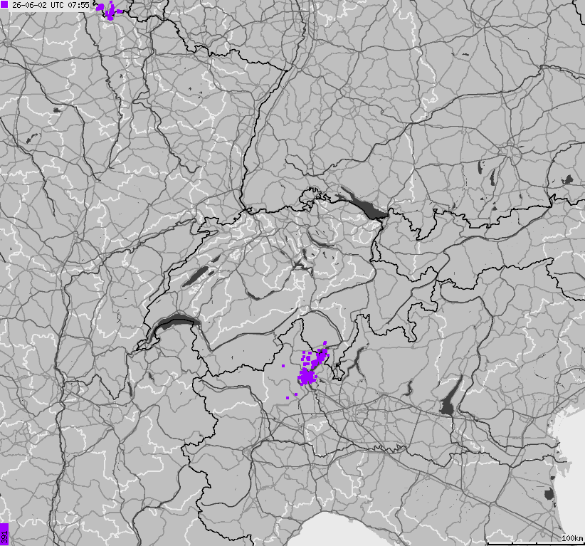 Map of lightnings across Switzerland and Liechtenstein