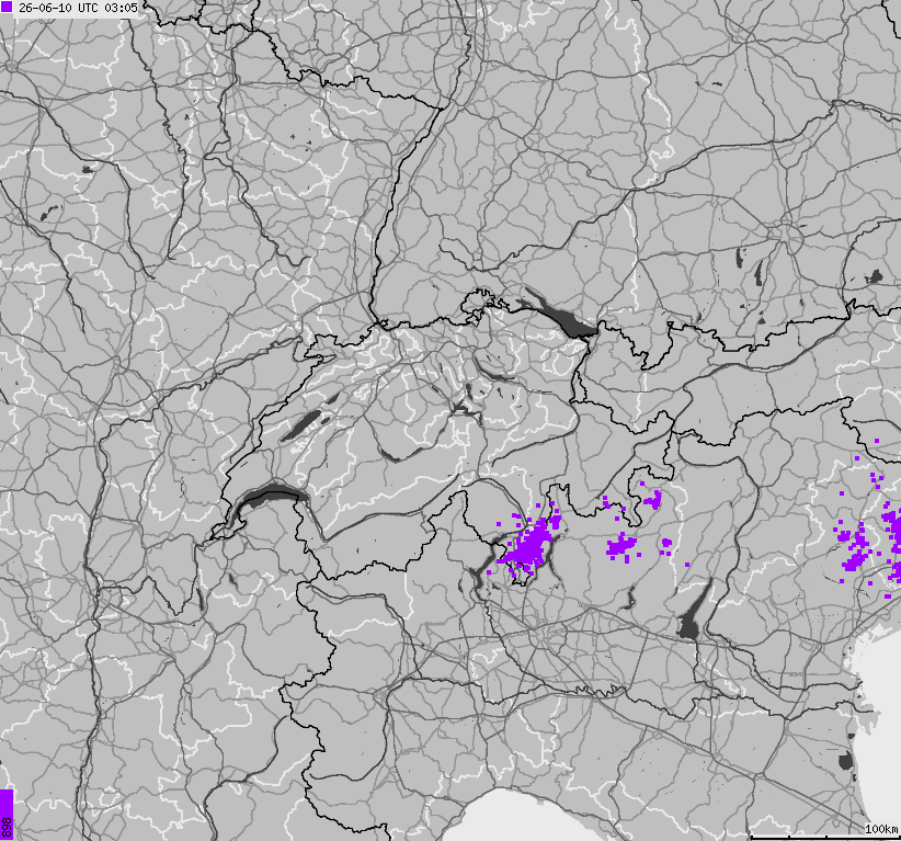 Mapa wyładowań atmosferycznych na obszarze Szwajcarii i Liechtensteinu