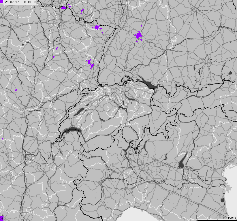 Map of lightnings across Switzerland and Liechtenstein
