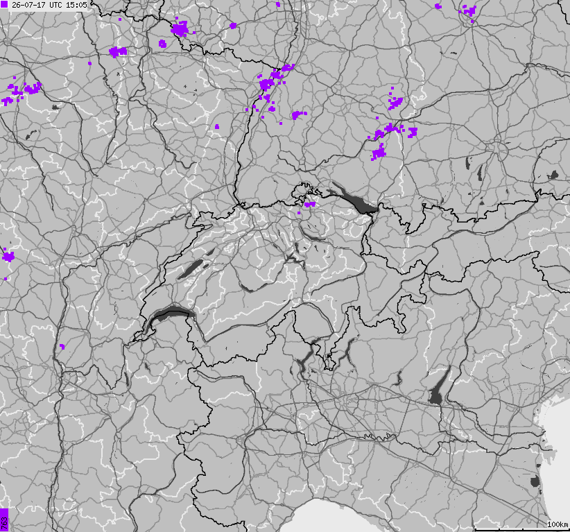 Map of lightnings across Switzerland and Liechtenstein