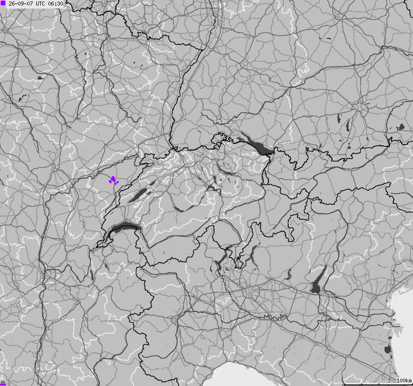 Mapa wyładowań atmosferycznych na obszarze Szwajcarii i Liechtensteinu