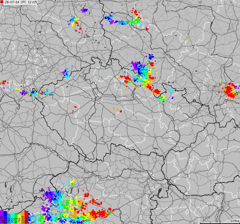 Map of lightnings across Czech Republic